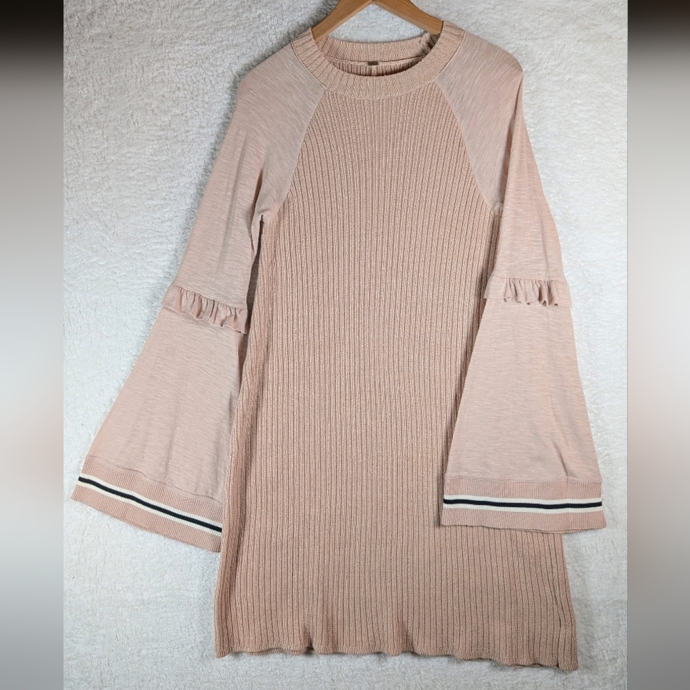 Free People Blush Pink Ribbed Bell-Sleeve Crewneck Sweater Dress - Picture 2 of 7
